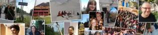 A collage of images showing students and staff smiling in different locations across Europe.