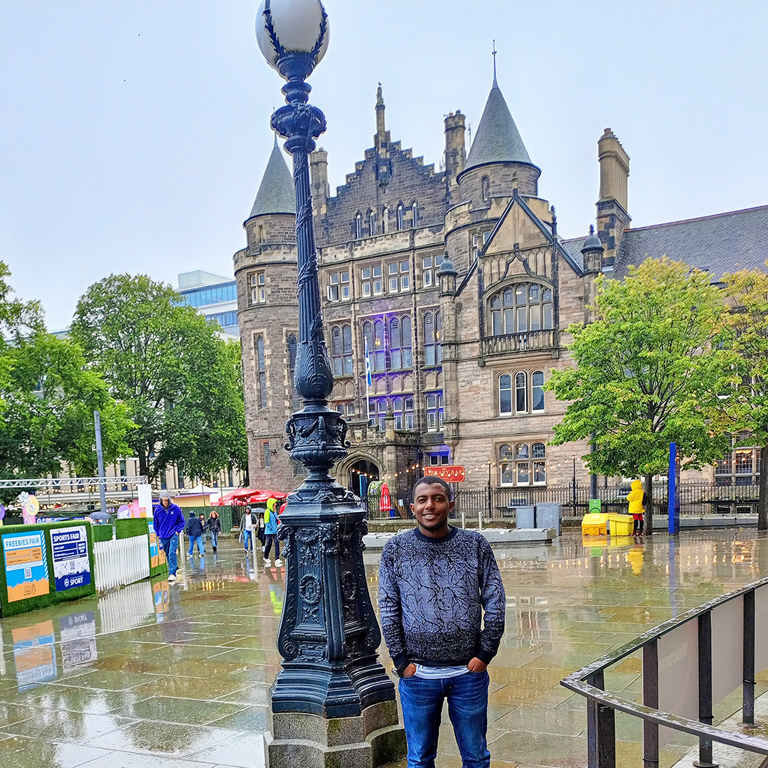 Network scholar student, Abubakar standing outside Teviot