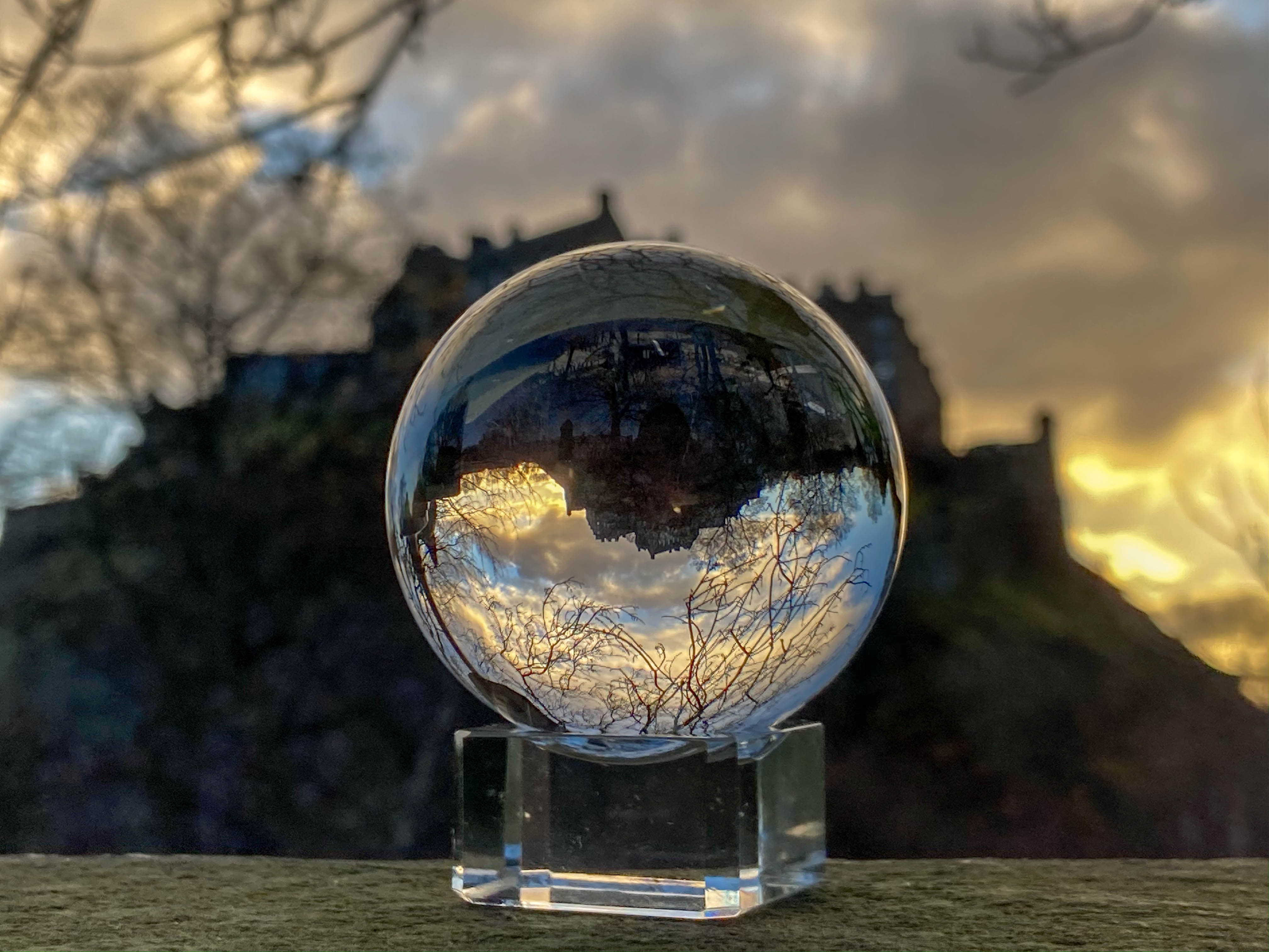 Edinburgh castle through glass sphere