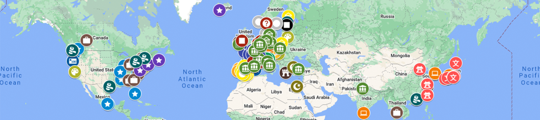 Still image showing some of the pinned exchange destinations on a Google Map