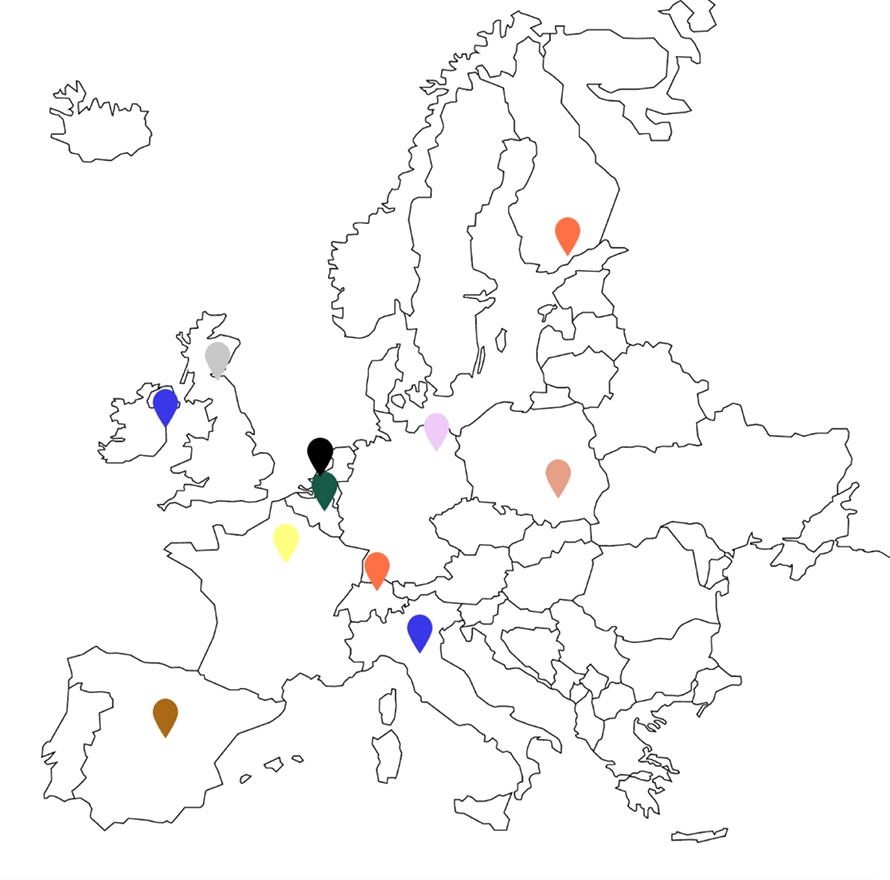 a map showing the locations of Una Europa universities